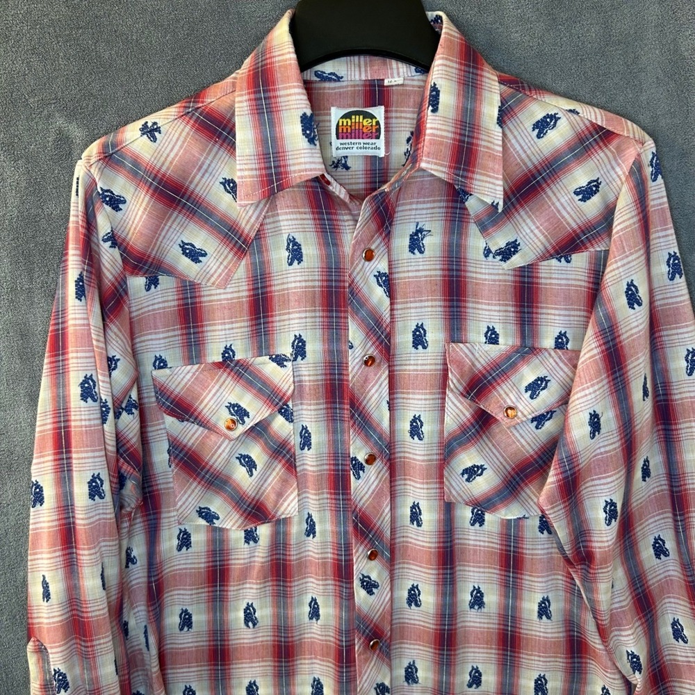 VTG Miller Western Wear Mens 16-34 Horse AOP Plaid Pearl Snap Lurex Stripe Shirt